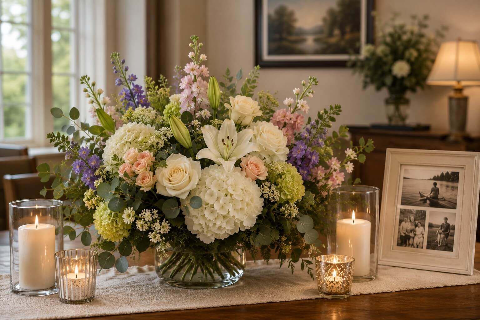 Flowers, candles, and treasured photos create a caring tribute at funeral homes in New Orleans, LA