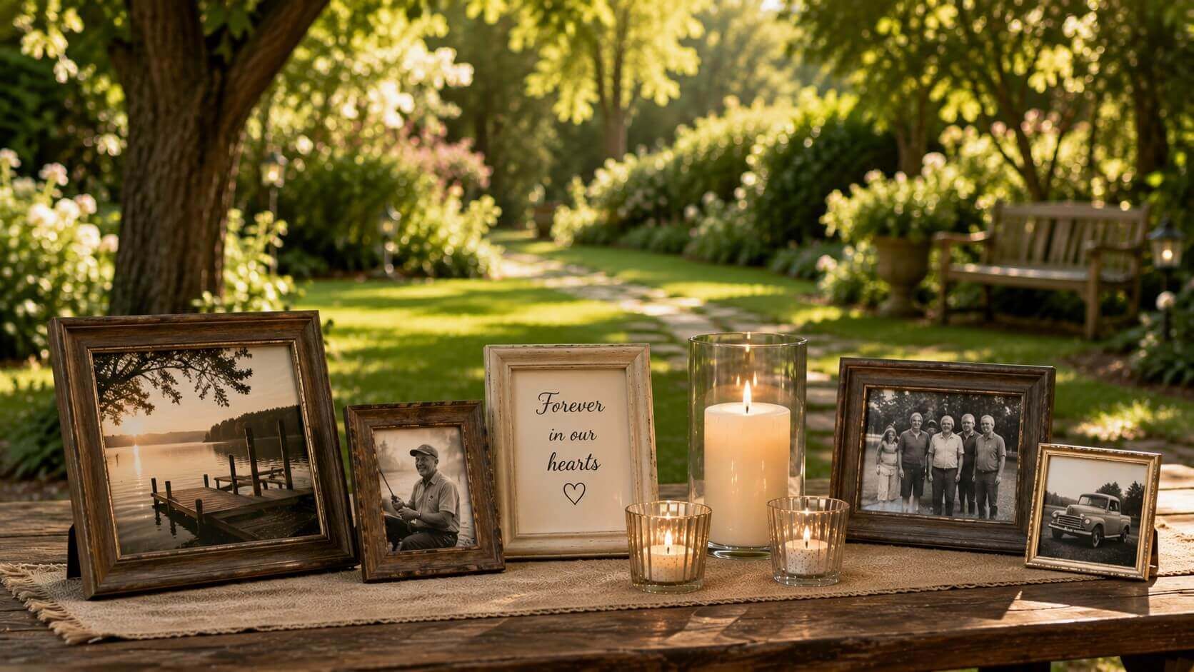 Framed memories and glowing candles create a heartfelt outdoor tribute supported in New Orleans, LA
