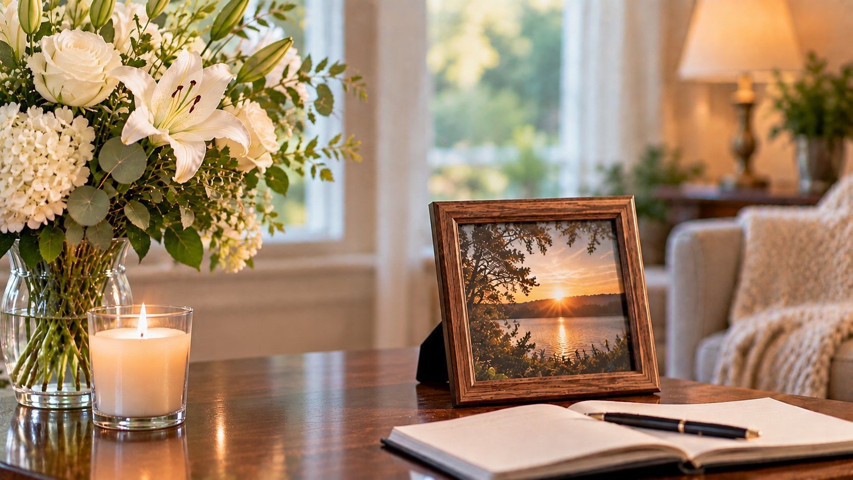 Framed sunset, a candle, and white lilies bring calm to cremation services in New Orleans, LA