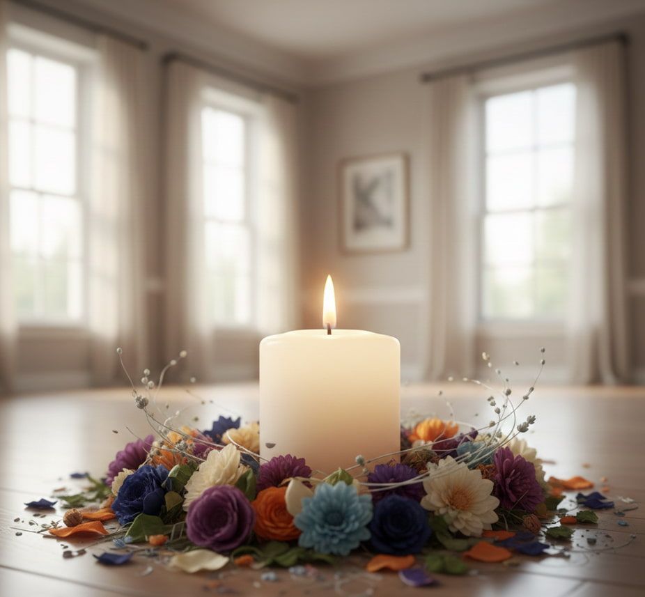 Lit candle surrounded by flowers in a peaceful setting at Harvey, LA funeral home and cremations