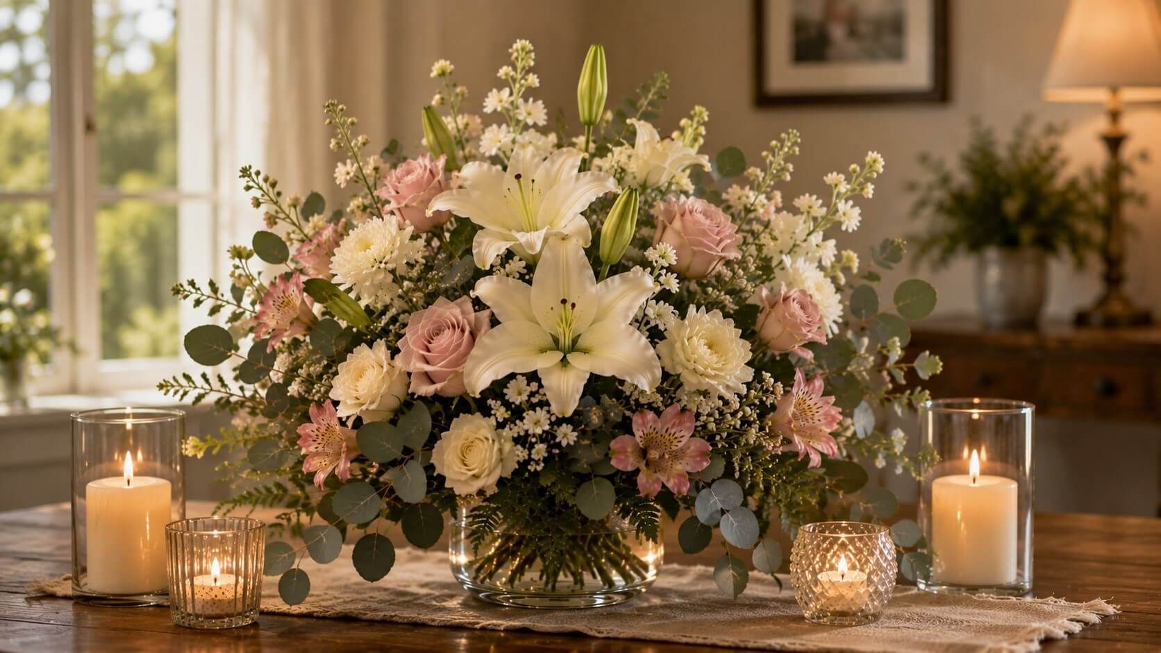 Pink and white flowers with glowing candles create a peaceful tribute in Harvey, LA