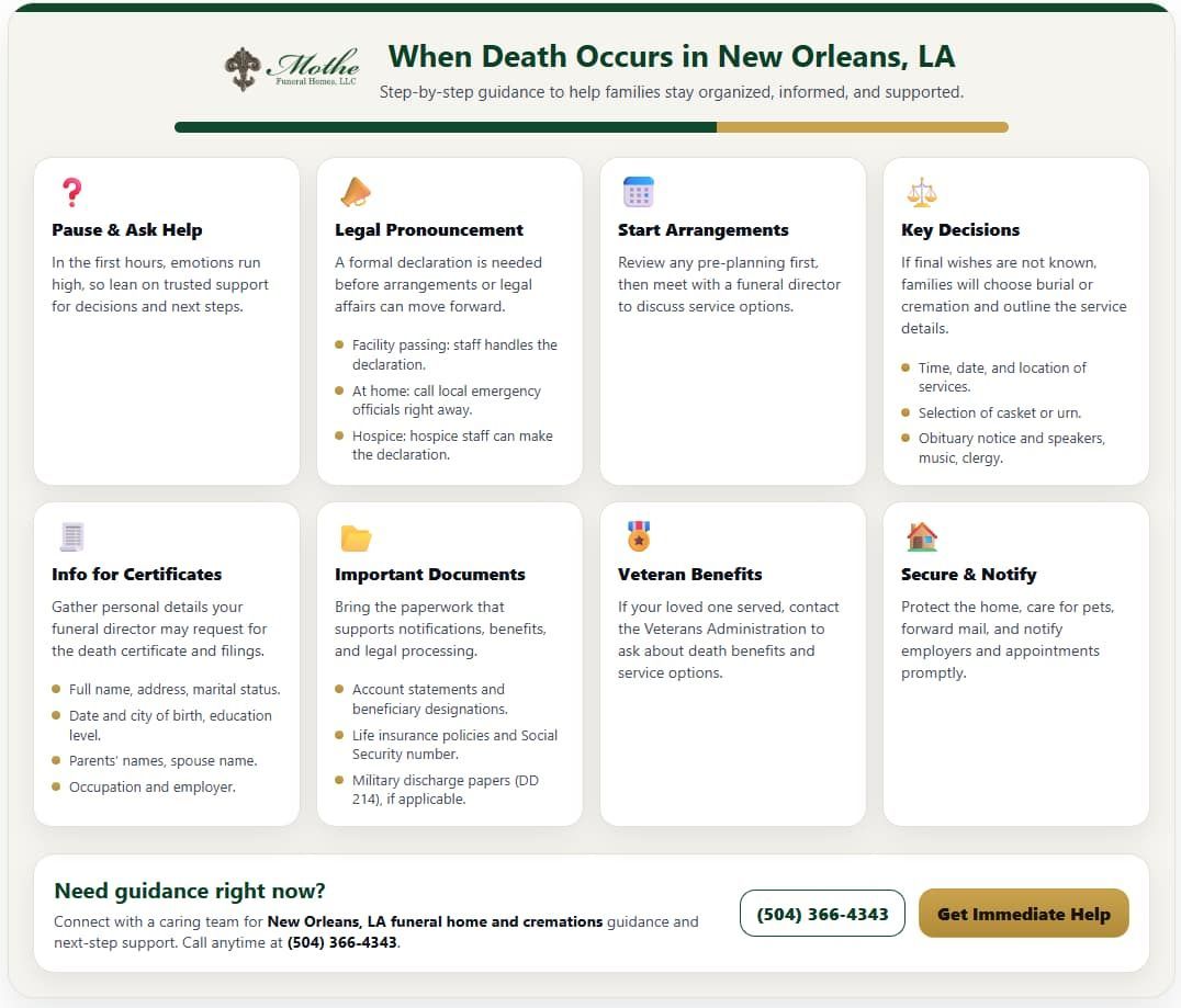 Infographic guide outlining steps to take when death occurs in a New Orleans, LA funeral home and cremations