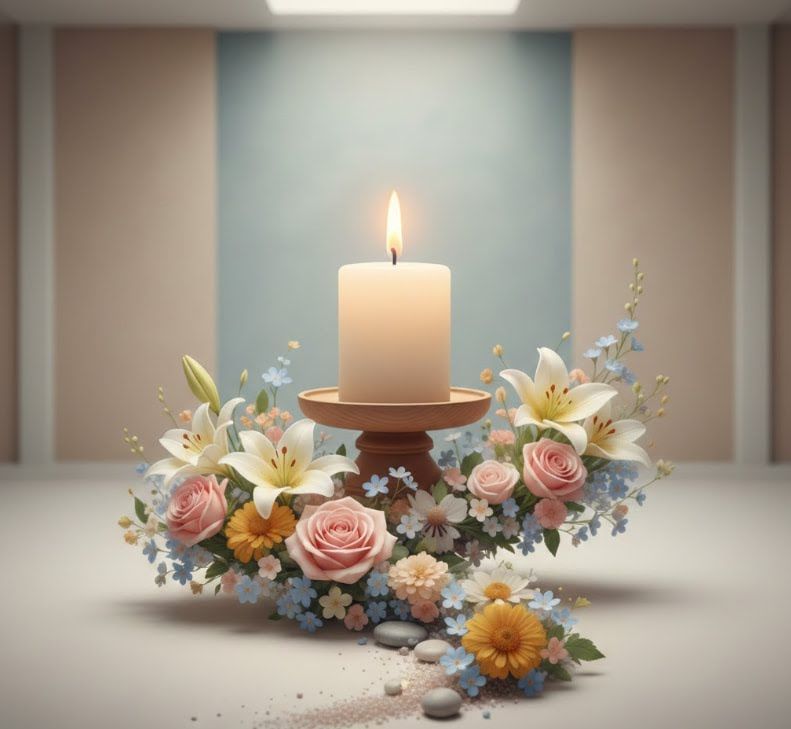 Sympathy candle and soft floral arrangement for New Orleans, LA funeral home and cremations