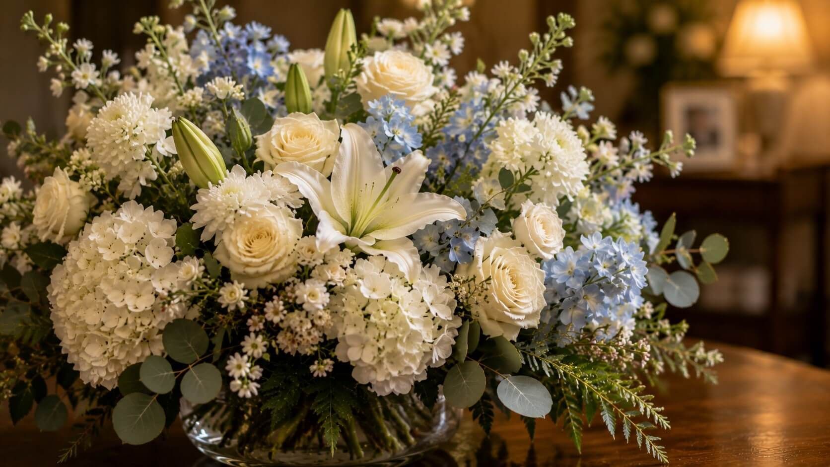 White and blue flowers create a memorial arrangement for families visiting funeral homes Harvey, LA