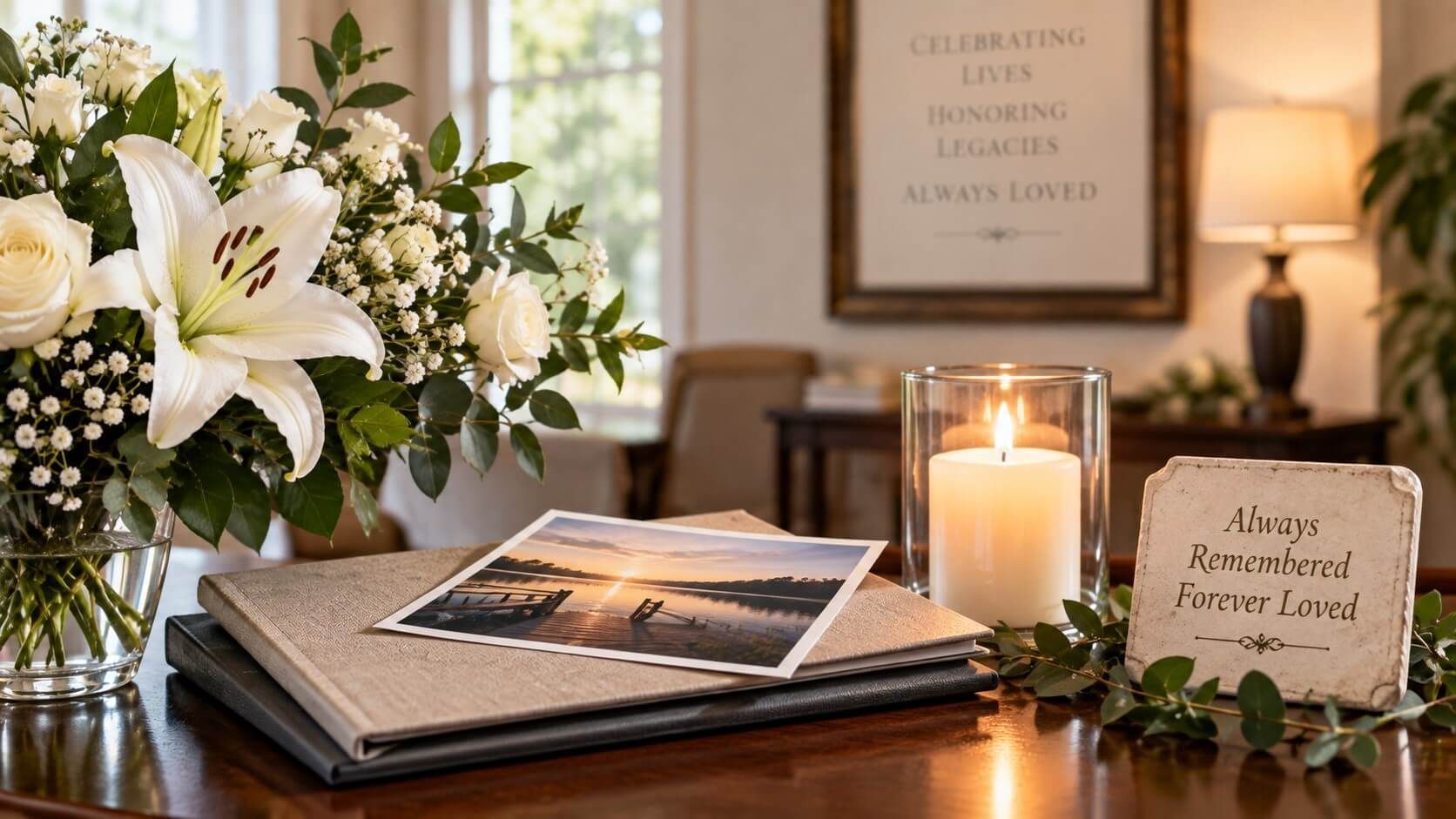 White flowers and a candle create a calm, peaceful remembrance setting at funeral homes Marrero, LA