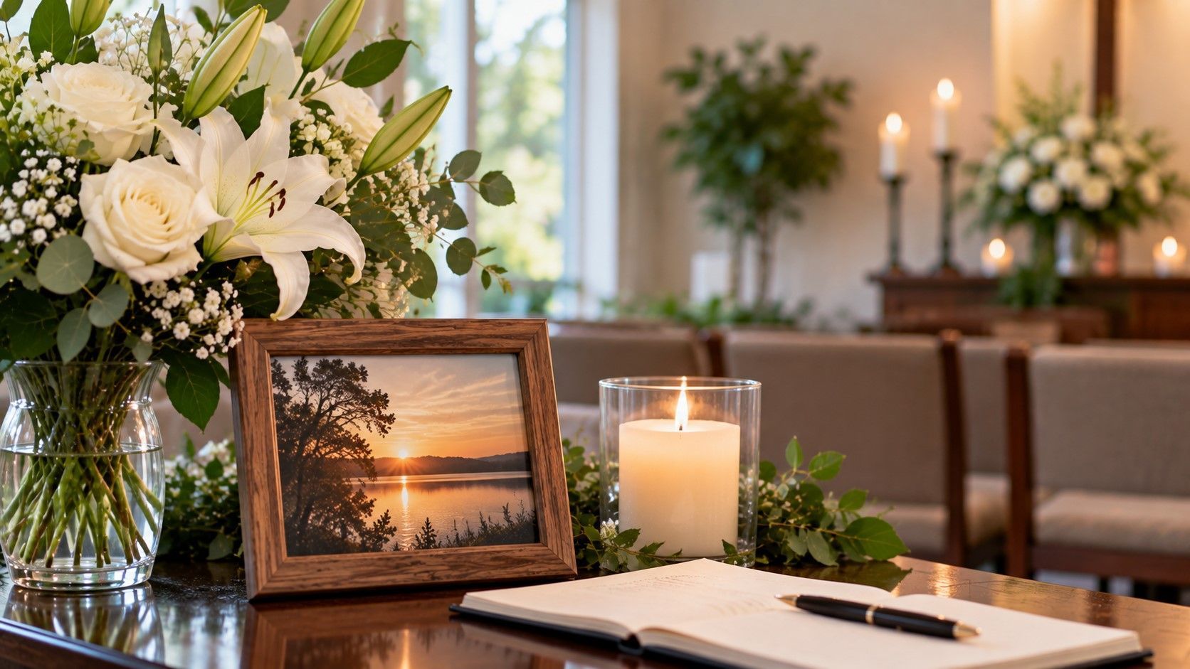 White lilies, a candle, and a framed sunset create a calm scene at funeral homes in New Orleans, LA