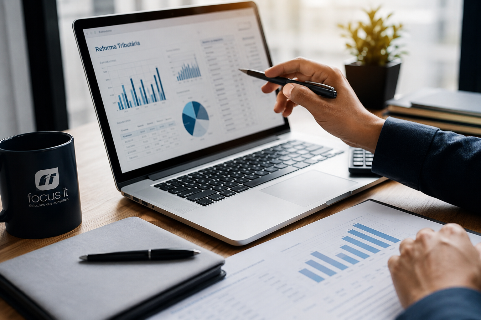 Professional reviewing Brazil Tax Reform impacts in SAP with fiscal charts, reports and business dat