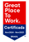 Uma placa vermelha e azul que diz ótimo lugar para trabalhar ao lado de um código qr