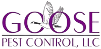 Logo for Goose Pest Control, LLC: Purple text with a flying goose illustration within the letter "O".