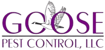 Logo for Goose Pest Control, LLC: Purple text with a flying goose illustration within the letter "O".