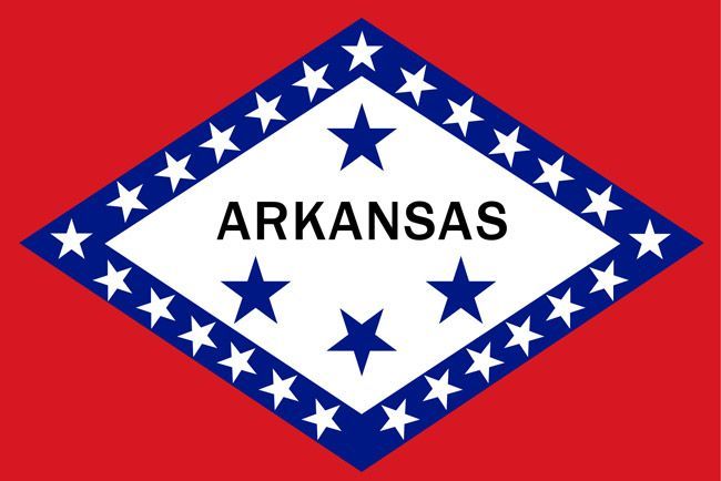 Arkansas state flag: red background with white and blue diamond containing 