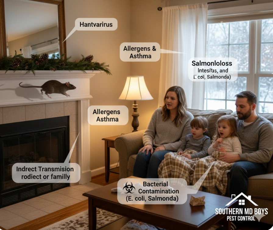 Family on couch with possible health hazards labeled, including rat on mantel.