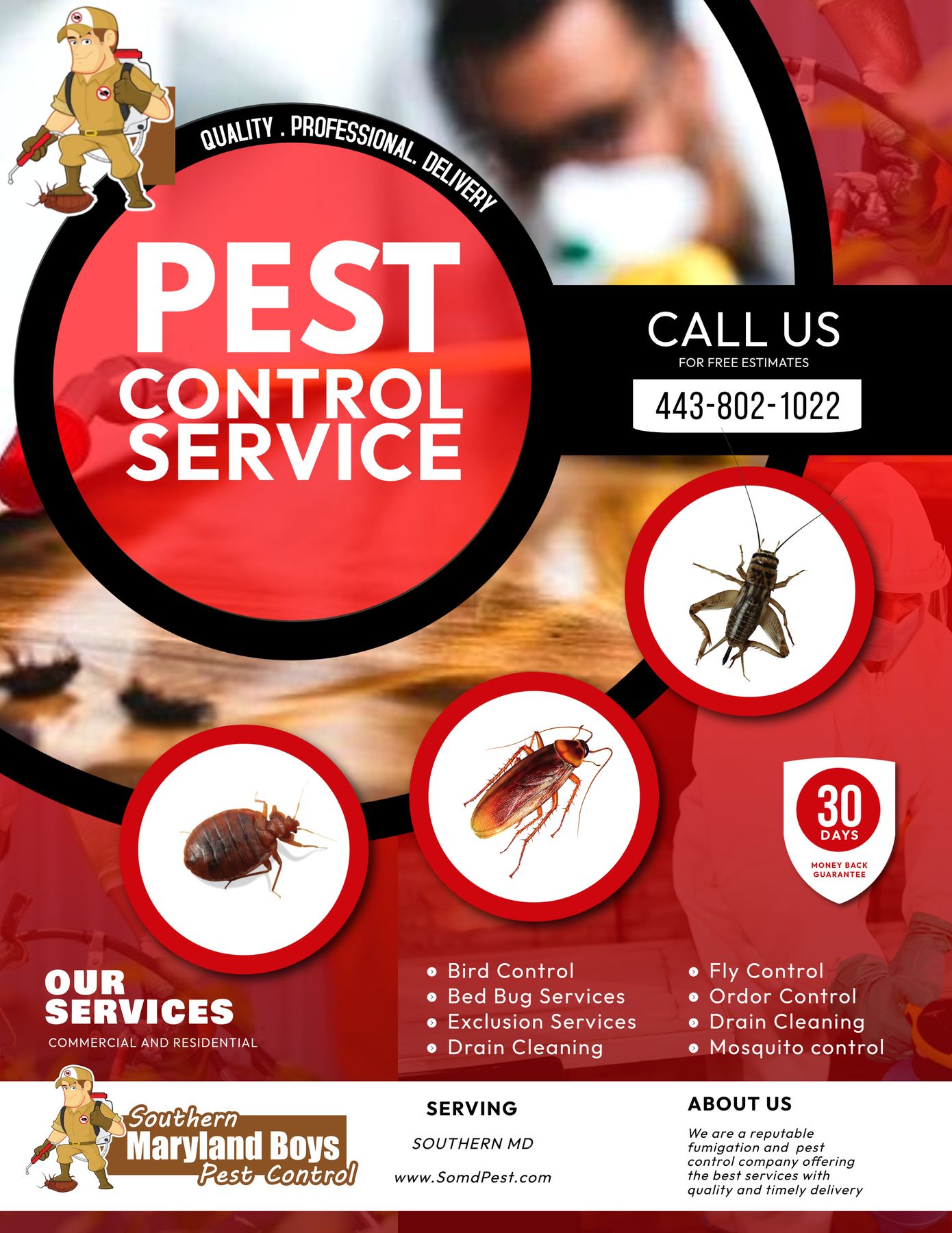 A poster for a pest control service with a man wearing a mask.
