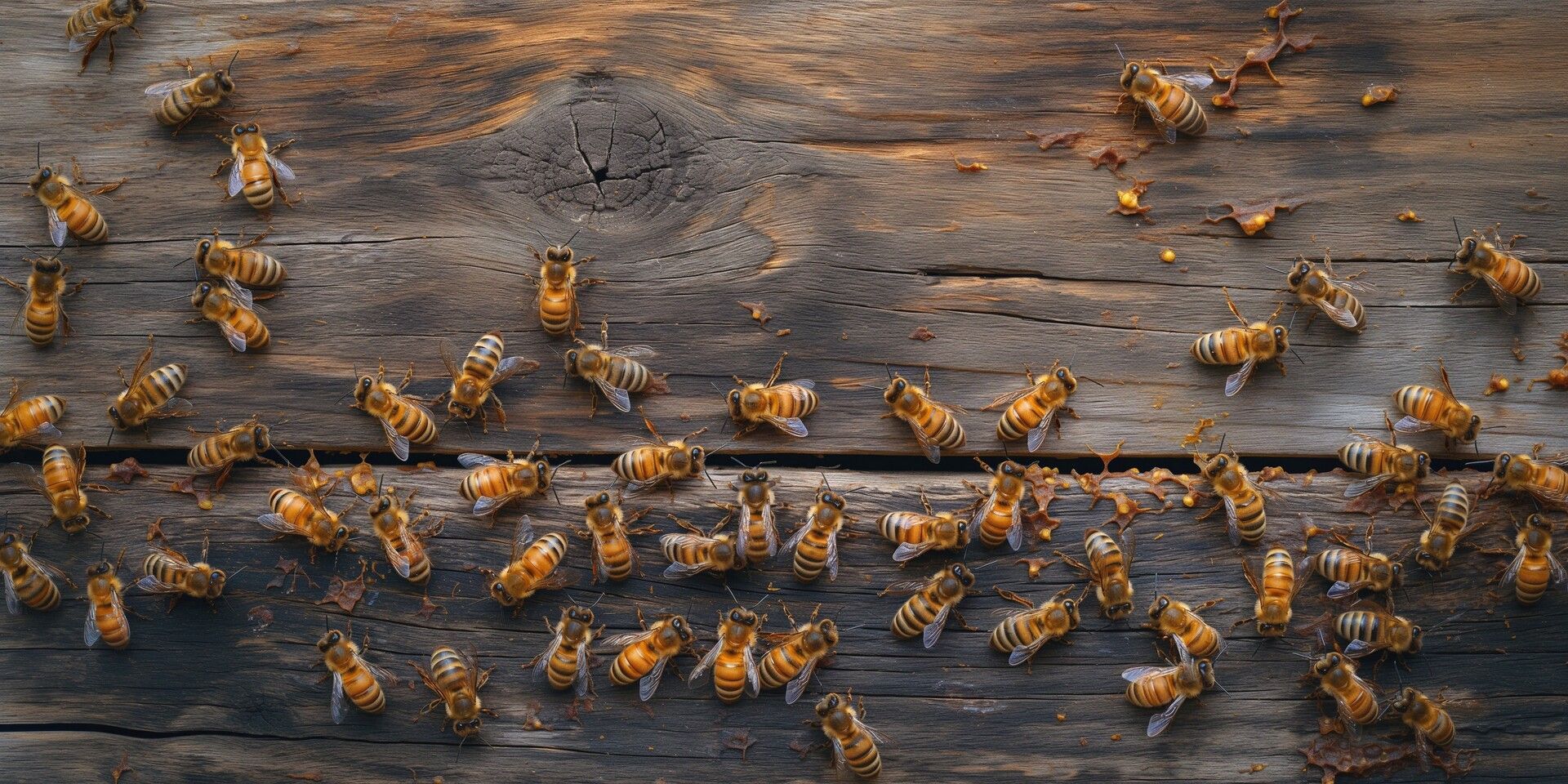 A bunch of bees are sitting on a wooden table.