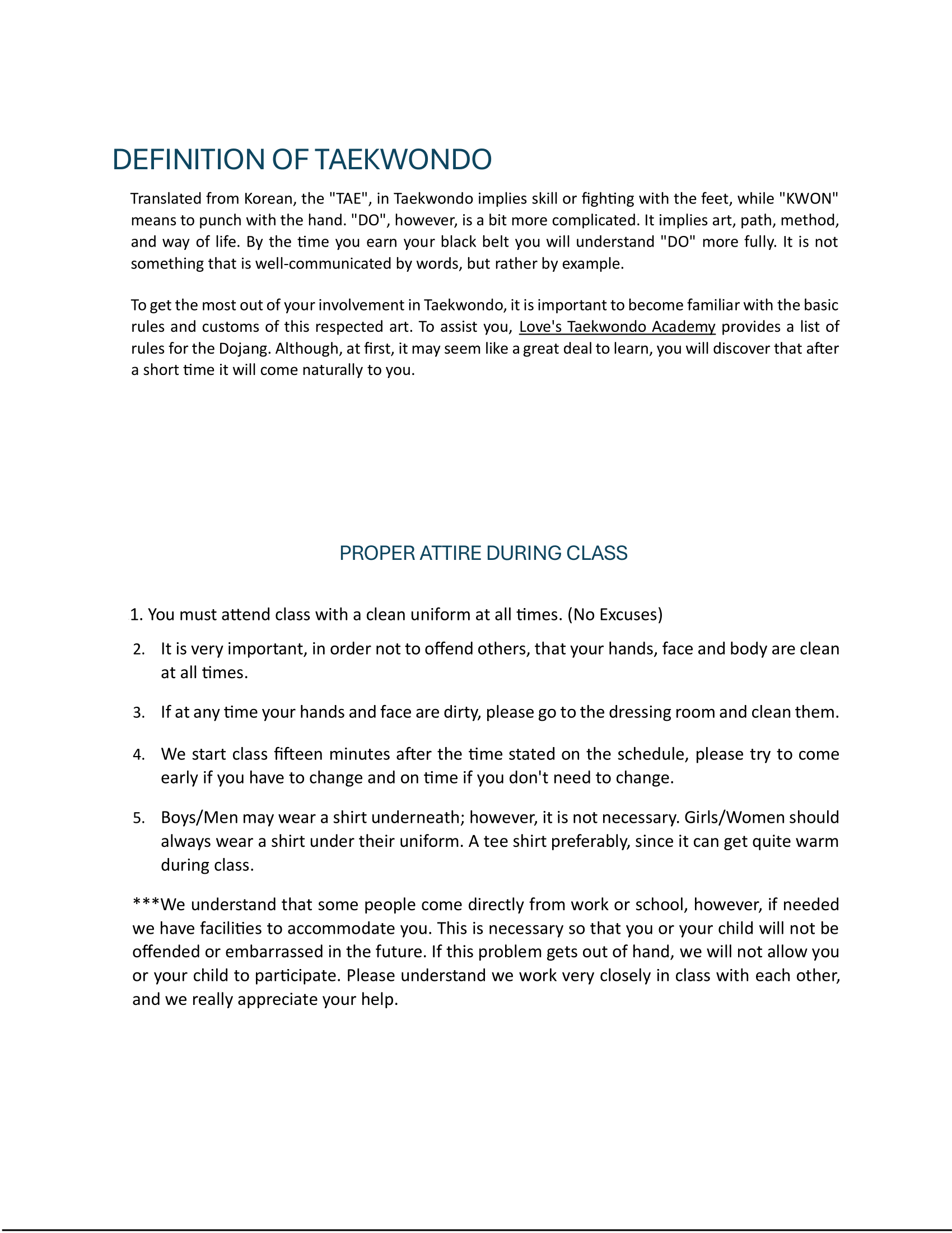 A white sheet of paper with a definition of taekwondo on it.