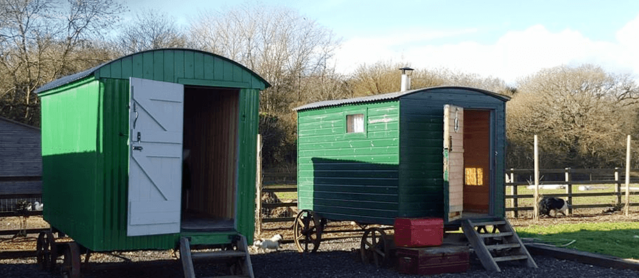 Two green buildings are sitting next to each other in a field.
