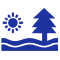 Sun, pine tree, and wavy lines in blue, suggesting a natural or outdoor environment.
