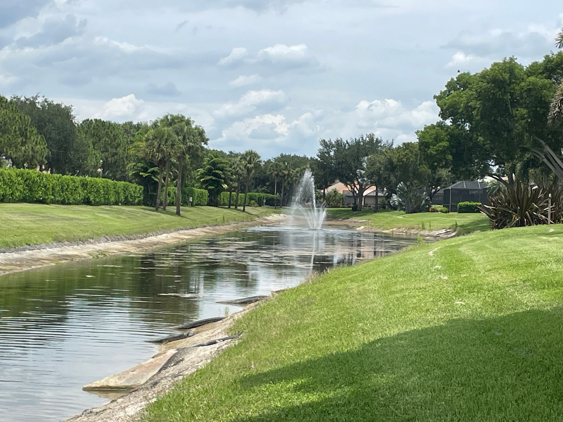 Green park canal with a water fountain, grassy banks, and trees under a cloudy sky