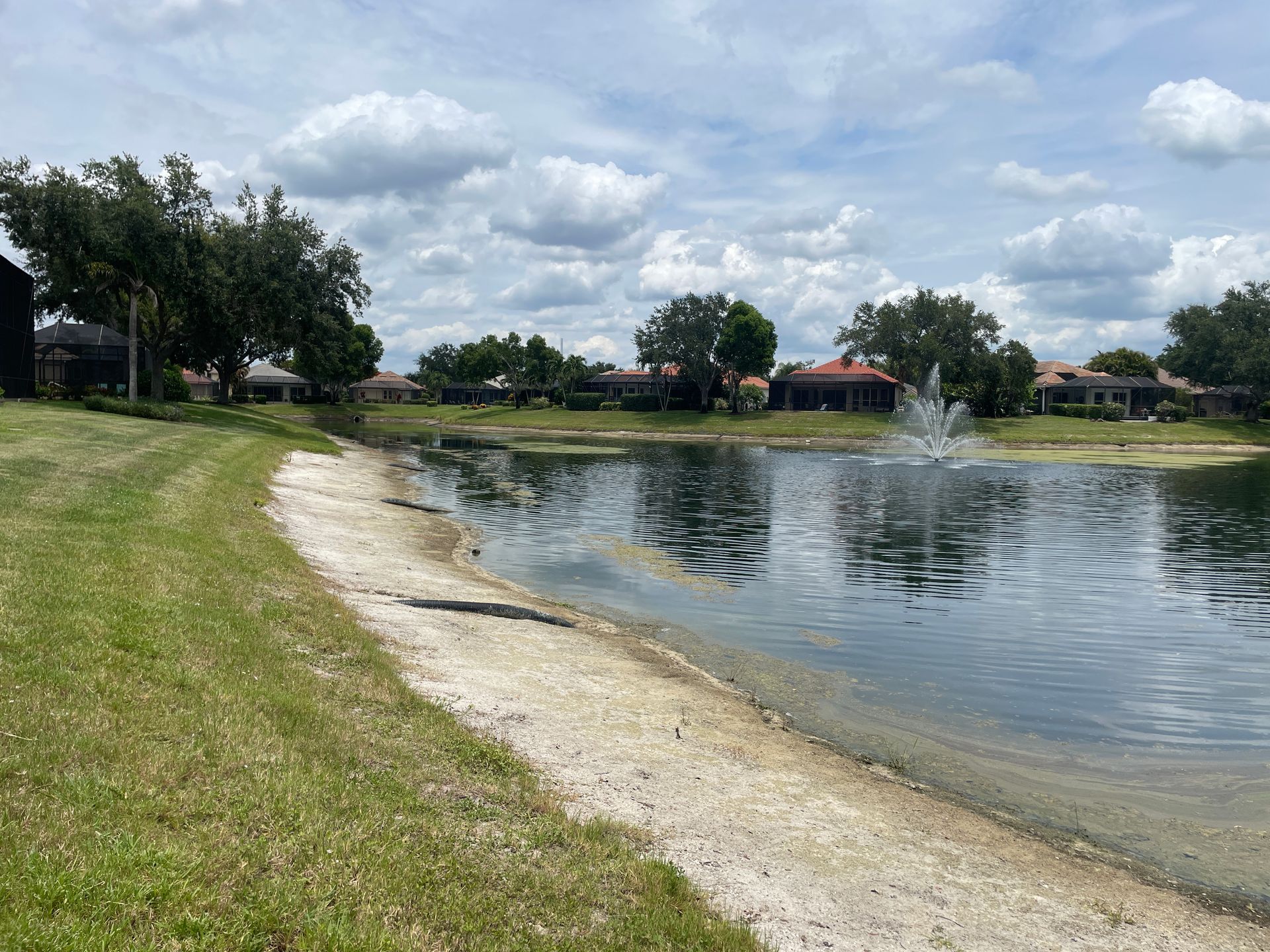 Curved sandy shoreline beside a calm lake with grassy bank and cloudy sky