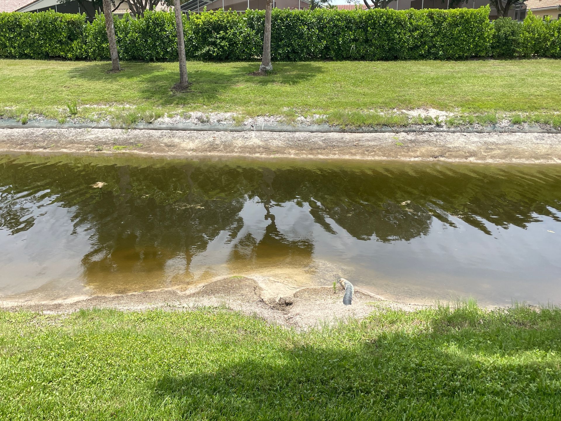 Canal with still water reflecting trees, bordered by grass and a stone path on a sunny day