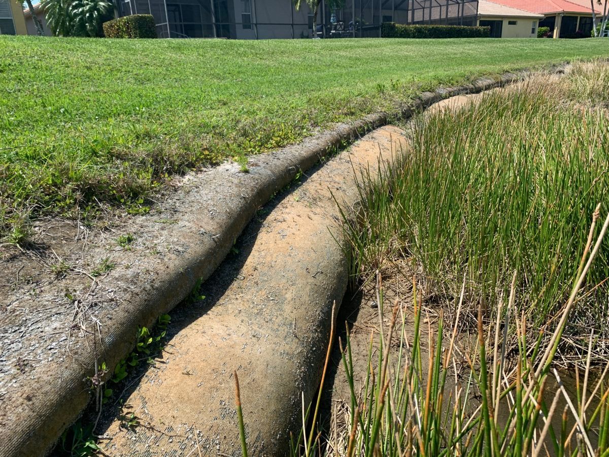 A drainage ditch with dirt walls and tall grasses, adjacent to a lawn and a building in the background.