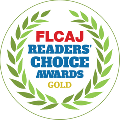 FLCAJ Readers' Choice Awards Gold seal, green laurel wreath, red and blue text.