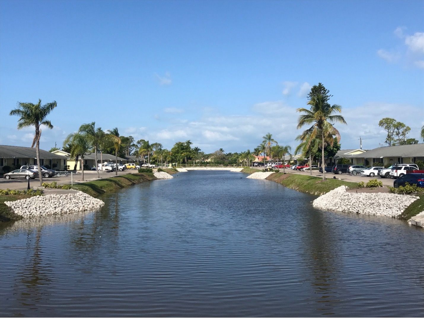 Canal with palm trees and buildings on either side under a blue sky.