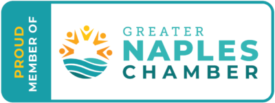 Proud Member of Greater Naples Chamber logo. Teal and white with imagery of people, sun, and water waves.