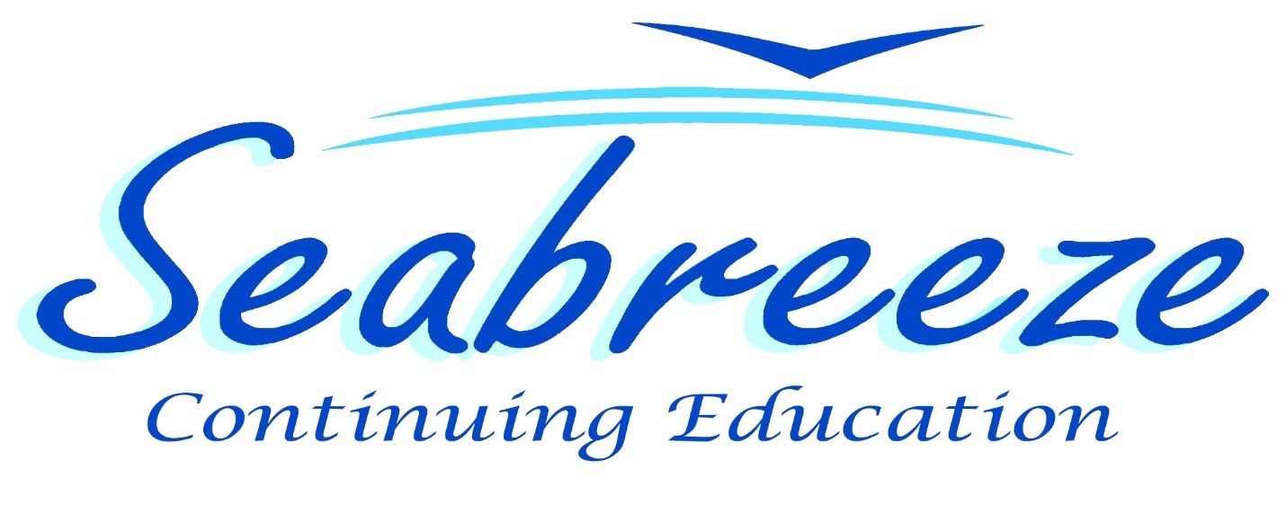 Logo for Seabreeze Continuing Education. Blue script text with a wave and bird graphic.