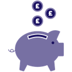 Purple piggy bank with three pound coins floating above it
