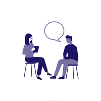 Two people seated in conversation with a speech bubble above them, in blue-purple tones.