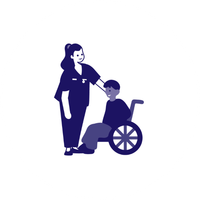 Caregiver standing beside a person in a wheelchair, both in dark blue on a white background