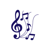 Purple musical notes and a treble clef with flowing staff lines on a white background
