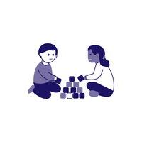 Two people sitting face-to-face, building a block tower together on a white background