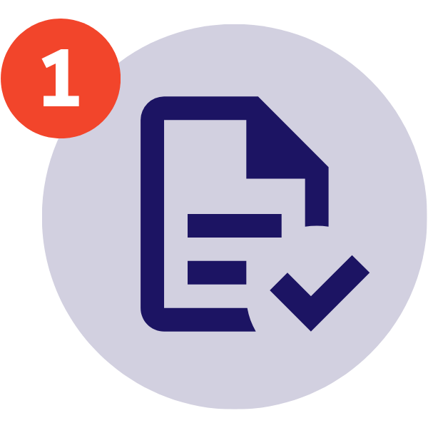Document icon with a blue checkmark and a red “1” badge on a light purple circle.