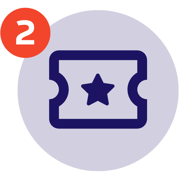 Purple ticket icon with a star, on a light lavender circle, with red badge showing 2