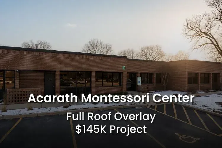 Acarath Montessori Center building exterior with text: Full Roof Overlay $145K Project. Snow on ground, brick exterior.