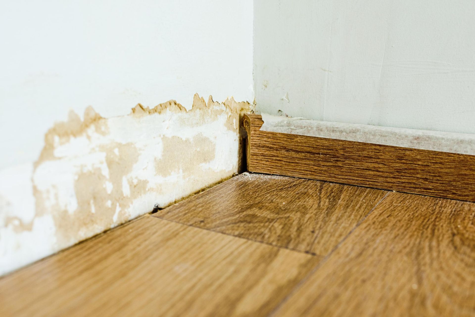Water damage stains on a white wall corner above brown wood-look flooring and a baseboard.