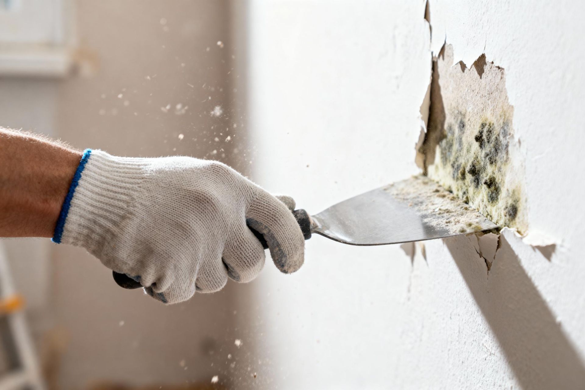 A gloved hand uses a metal putty knife to scrape away damaged.