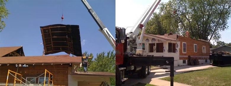 A split-screen view of a construction crane lifting a section of a roof off a single-story house.
