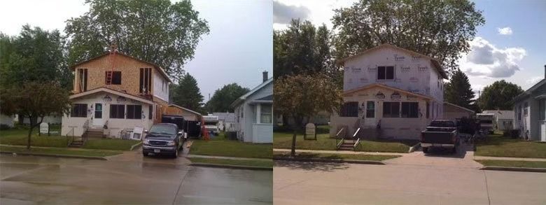 Side-by-side photos of a two-story house undergoing exterior renovations.