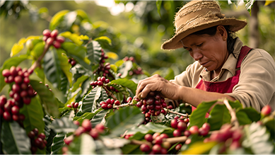 A woman is picking coffee beans from a tree.