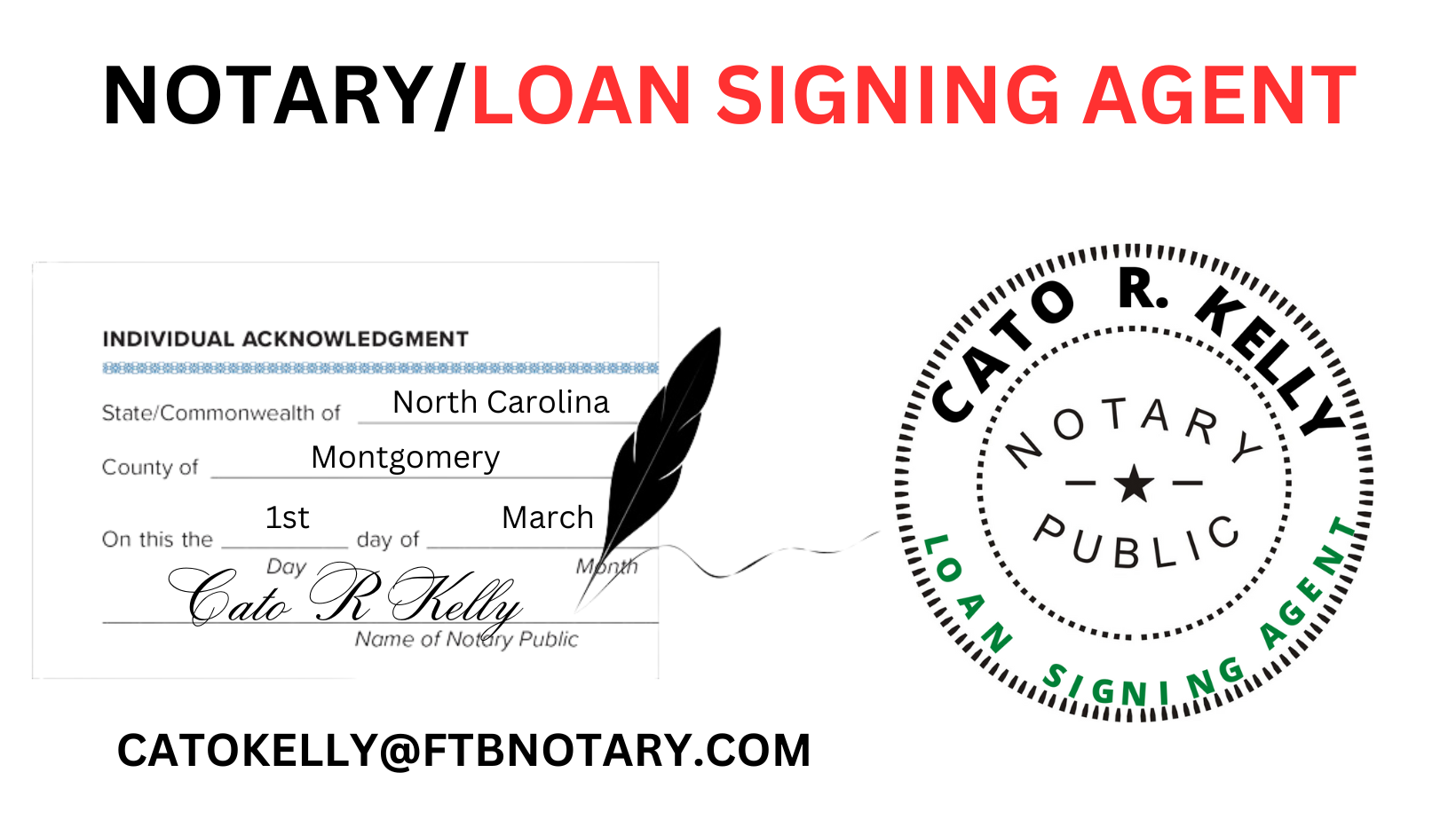 Notary loan signing agent business card with signature, seal, and contact email