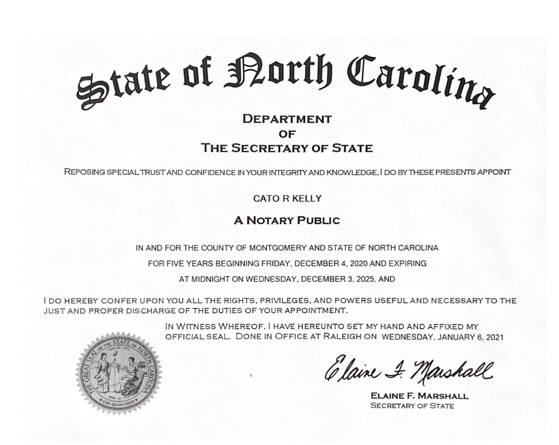 South Carolina notary public certificate with state seal and signature