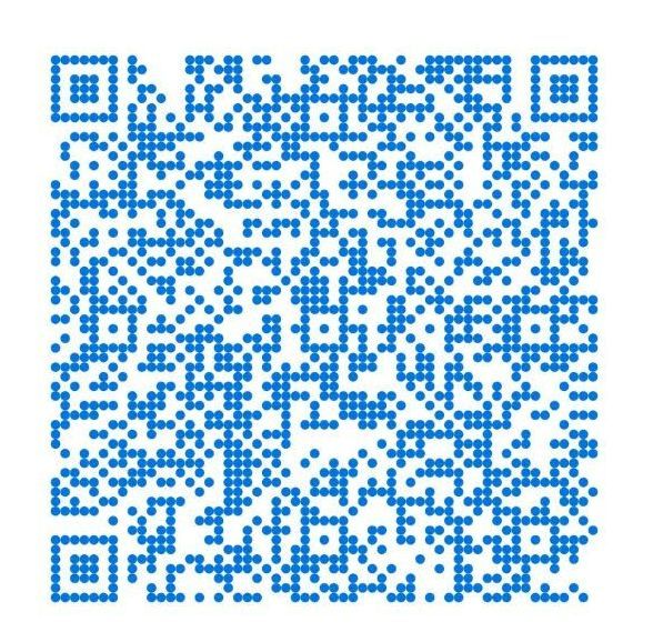 Blue QR code on a white background.