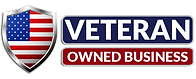 A veteran owned business logo with an american flag on a shield.