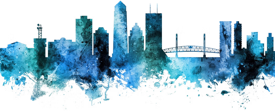 A watercolor painting of a city skyline with a bridge in the background.