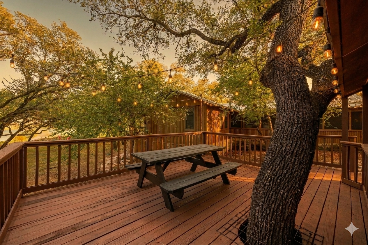 Wooden deck with picnic table beside a large tree at sunset, surrounded by railings and trees