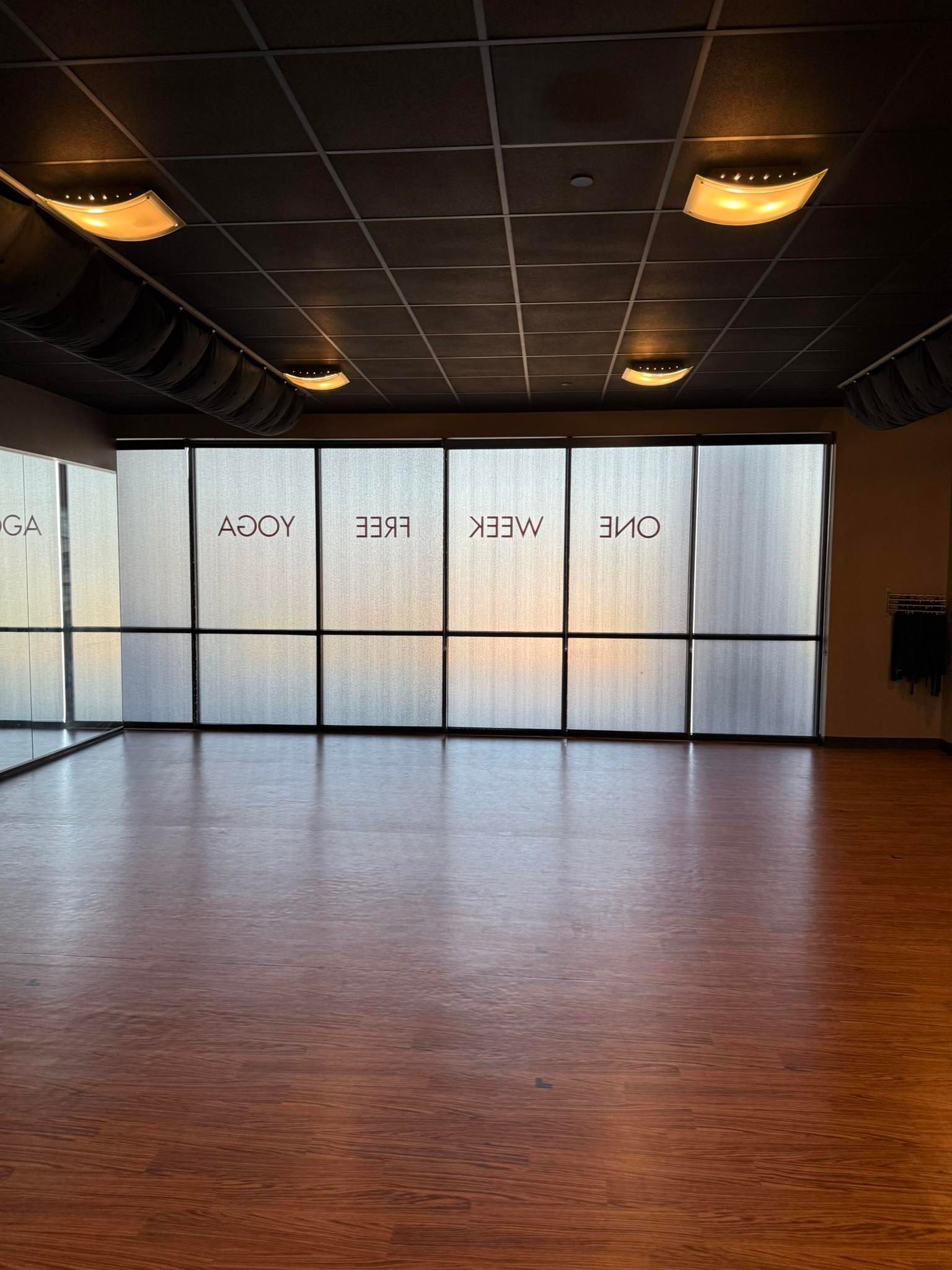 A dance studio with a wood floor and large windows with frosted film; ceiling lights are on.