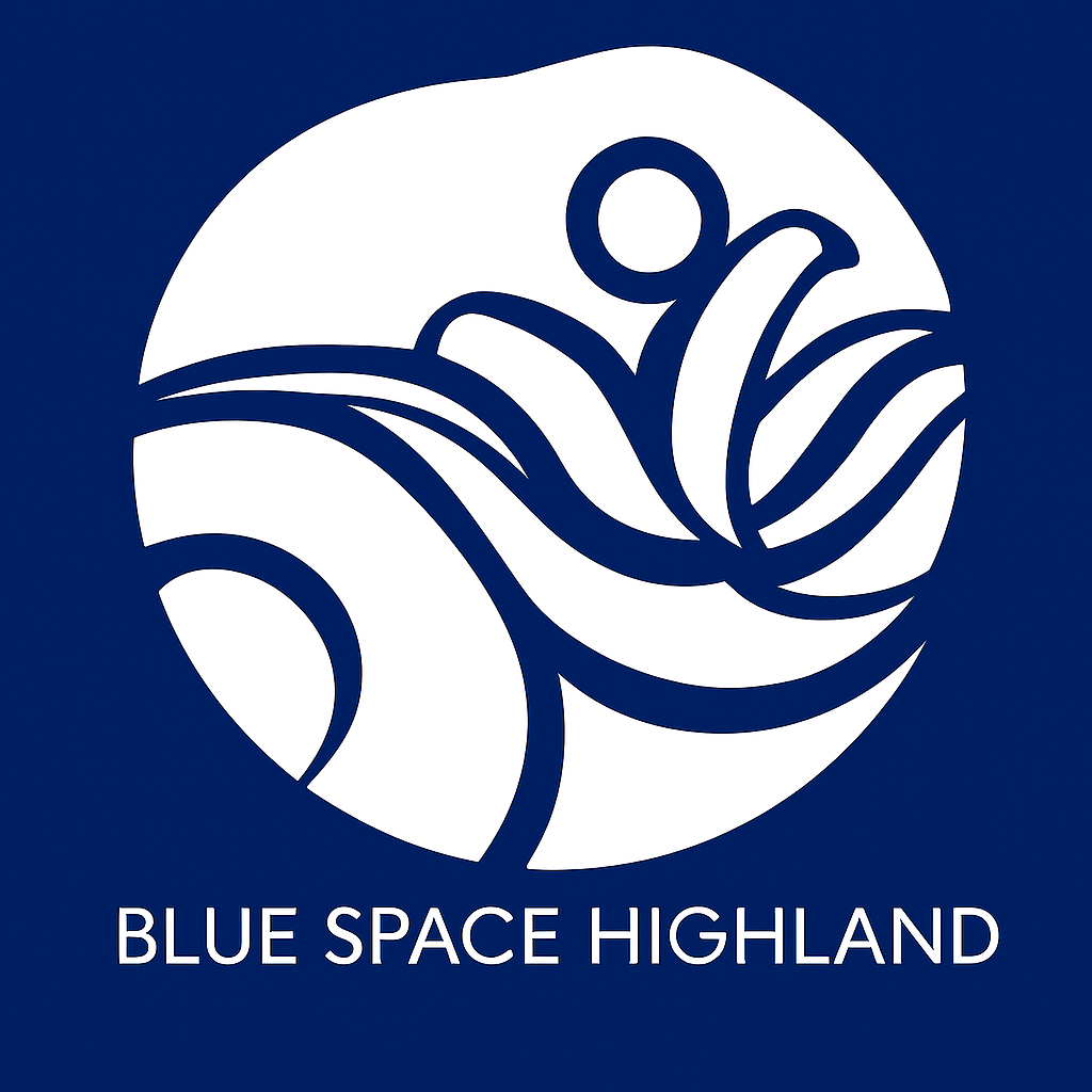 White logo on a blue square: a person in a circle over stylized water waves and foliage, text reads